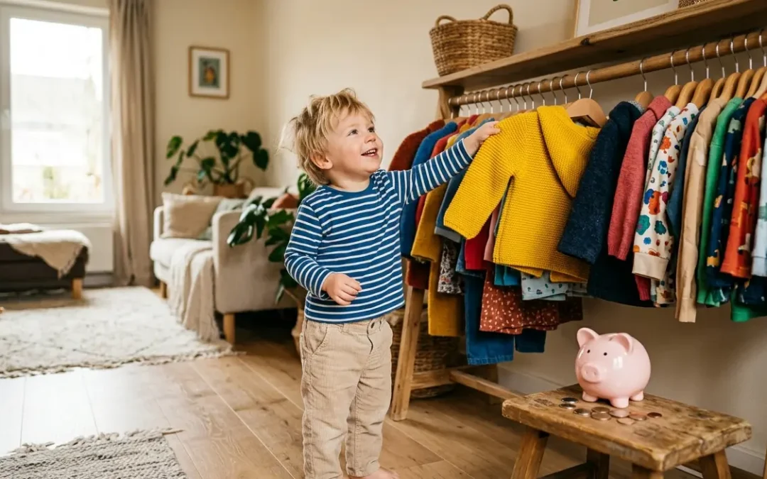 Enfant souriant devant un portant de vêtements de seconde main colorés, avec une tirelire — économies vêtements seconde main enfants.