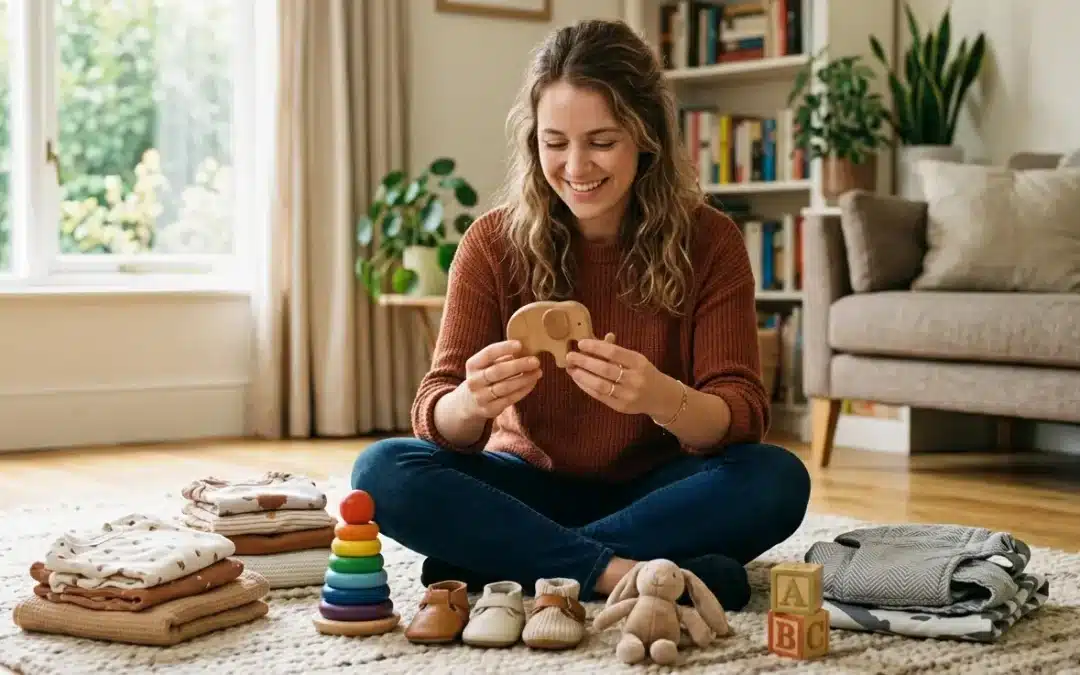 Parent souriant vérifiant un jouet en bois et des vêtements bébé d'occasion dans un salon lumineux